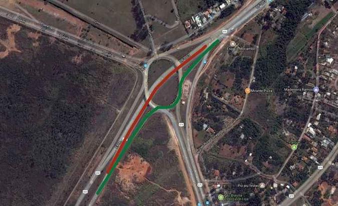 O trecho sinalizado em vermelho ficará fechado para circulação. A parte verde será usada para o desvio do trânsito.(foto: Reprodução/Internet) O trecho sinalizado em vermelho ficará fechado para circulação. A parte verde será usada para o desvio do trânsito.(foto: Reprodução/Internet)