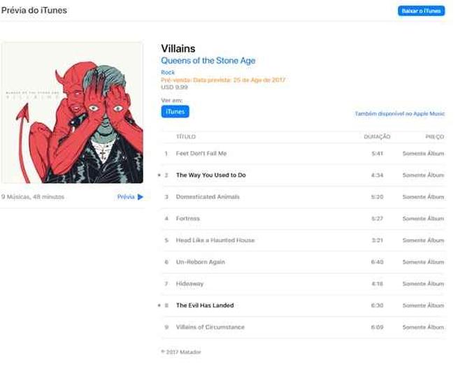 Pré-venda de Villains está disponível no iTunes (foto: Apple/Divulgação) Pré-venda de Villains está disponível no iTunes (foto: Apple/Divulgação)