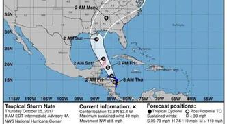 As projeções indicam que Nate se deslocará para o norte através do litoral caribenho da América Central e do México e pode se transformar em furacão no sábado(foto: EFE/NOAA/NHC) As projeções indicam que Nate se deslocará para o norte através do litoral caribenho da América Central e do México e pode se transformar em furacão no sábado(foto: EFE/NOAA/NHC)