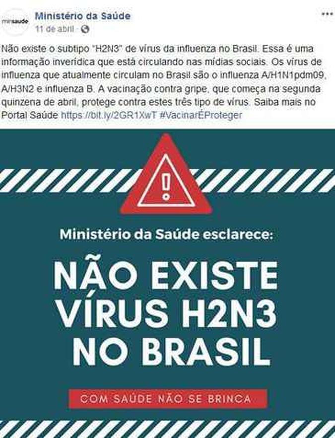 Post do Ministério da Saúde no Facebook em que desmente a existência do subtipo H2N3 do vírus influenza no Brasil(foto: Reprodução/Facebook) Post do Ministério da Saúde no Facebook em que desmente a existência do subtipo H2N3 do vírus influenza no Brasil(foto: Reprodução/Facebook)