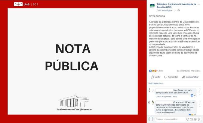 Nota pública foi divulgada na página da biblioteca da universidade às 20h24. Usuários do site criticaram a ação(foto: Reprodução/Facebook) Nota pública foi divulgada na página da biblioteca da universidade às 20h24. Usuários do site criticaram a ação(foto: Reprodução/Facebook)