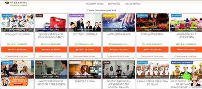 WR Educacional conta com uma série de cursos on-line e gratuitos com certificado(foto: WR Educacional/Reprodução) WR Educacional conta com uma série de cursos on-line e gratuitos com certificado(foto: WR Educacional/Reprodução)