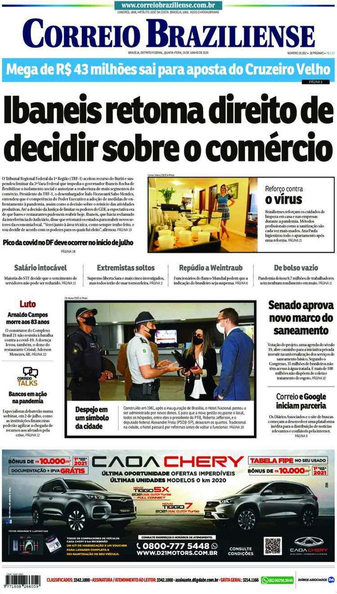 Confira a Capa do Jornal Correio Braziliense do dia 25/06/2020(foto: Correio Braziliense)
