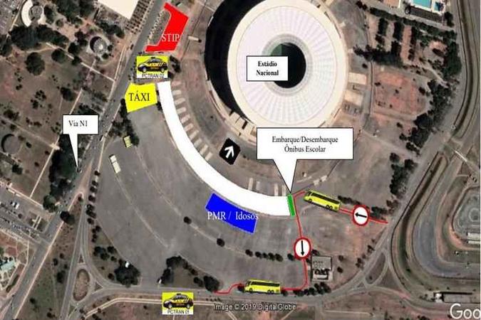 Mapa mostra alterações que serão feitas pelo Detran no estacionamento do Estádio Nacional(foto: Reprodução/Detran) Mapa mostra alterações que serão feitas pelo Detran no estacionamento do Estádio Nacional(foto: Reprodução/Detran)