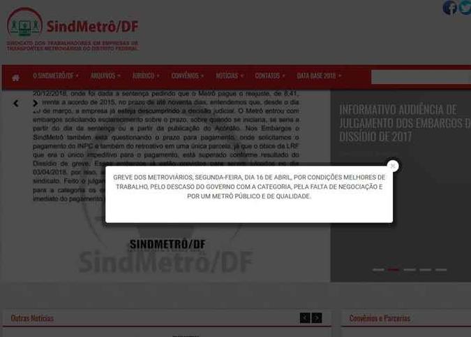 Reprodução site Sindmetrô/DF (foto: Reprodução site Sindmetrô/DF ) Reprodução site Sindmetrô/DF (foto: Reprodução site Sindmetrô/DF )