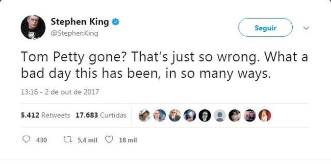 Stephen King manifestou pesar (foto: Internet/Reprodução) Stephen King manifestou pesar (foto: Internet/Reprodução)