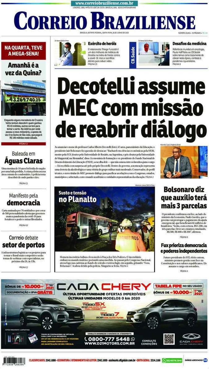 Confira a Capa do Jornal Correio Braziliense do dia 26/06/2020(foto: Correio Braziliense)