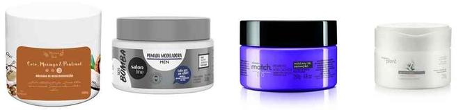 Máscara de Mega- Hidratação Dokmos Cosméticos (R$ 37,90); Pomada Modeladora S.O.S Bomba Men Salon line (R$ 14,90); Máscara de definição Match Respeito aos Cachos, de O Boticário (R$ 54,90); e Máscara Intensiva Modeladora Curvas Envolventes Plant, da Natura (R$ 31,80)(foto: Divulgação ) Máscara de Mega- Hidratação Dokmos Cosméticos (R$ 37,90); Pomada Modeladora S.O.S Bomba Men Salon line (R$ 14,90); Máscara de definição Match Respeito aos Cachos, de O Boticário (R$ 54,90); e Máscara Intensiva Modeladora Curvas Envolventes Plant, da Natura (R$ 31,80)(foto: Divulgação )