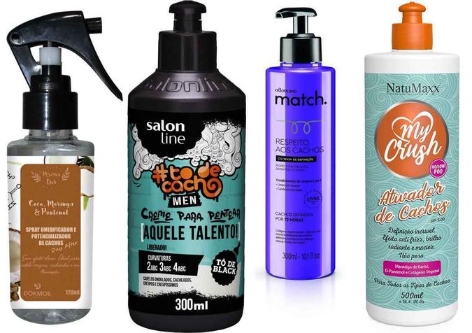 Spray umidificador e potencializador de cachos Dokmos Cosméticos (R$ 19,90); Creme para pentear #todecacho Men, da Salon line (R$ 14,90); Co-wash de definição Match Respeito aos Cachos, de O Boticário (R$ 59,90); Ativador de cachos Natumaxx Profissional (R$ 40,00);(foto: Divulgação ) Spray umidificador e potencializador de cachos Dokmos Cosméticos (R$ 19,90); Creme para pentear #todecacho Men, da Salon line (R$ 14,90); Co-wash de definição Match Respeito aos Cachos, de O Boticário (R$ 59,90); Ativador de cachos Natumaxx Profissional (R$ 40,00);(foto: Divulgação )