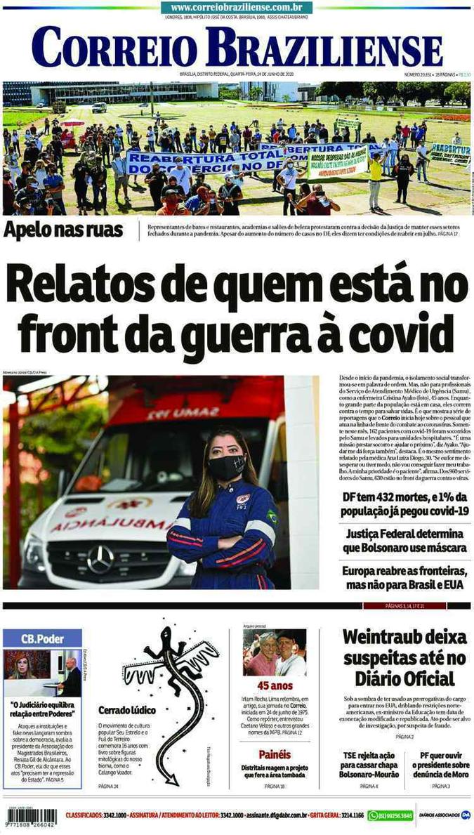 Confira a Capa do Jornal Correio Braziliense do dia 24/06/2020(foto: Correio Braziliense)