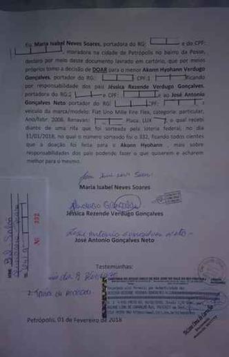Documento da doação (foto: Reprodução/Internet)