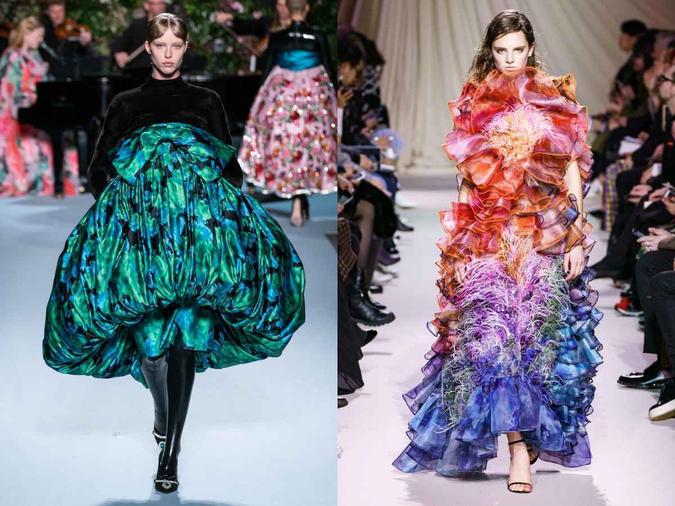 À esquerda, Richard Queen retratou sua paixão por flores e jardins em vestidos românticos e esculturais. Um pouco distante da realidade, criou um clima bucólico para toda a coleção e levou o público a sonhar %u2014 mesmo que por alguns instantes. Mary Katrantzou (direita) teve os quatro elementos %u2014 água, fogo, ar e terra %u2014 como base para criar a coleção. O decorativismo escolhido pela estilista ficou por conta das incontáveis plumas. Assim como Queen, peças irreais, mas sonhadoras.(foto: Daniele Oberrauch e Alessandro Lucioni) À esquerda, Richard Queen retratou sua paixão por flores e jardins em vestidos românticos e esculturais. Um pouco distante da realidade, criou um clima bucólico para toda a coleção e levou o público a sonhar %u2014 mesmo que por alguns instantes. Mary Katrantzou (direita) teve os quatro elementos %u2014 água, fogo, ar e terra %u2014 como base para criar a coleção. O decorativismo escolhido pela estilista ficou por conta das incontáveis plumas. Assim como Queen, peças irreais, mas sonhadoras.(foto: Daniele Oberrauch e Alessandro Lucioni)