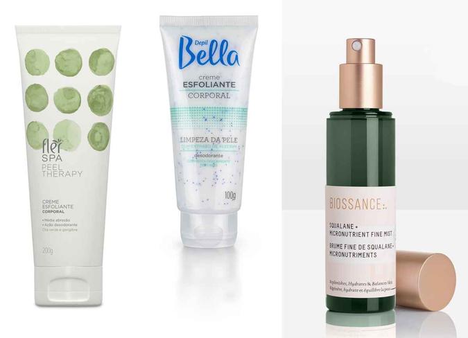 Creme Esfoliante 200g, da Flér Dermocosméticos (R$ 40,72); Creme Esfoliante Corporal Alecrim 100g, da Depil Bella (R$ 8,90); Esqualano Água Revitalizante com Micronutrientes, da Biossance, para hidratar a pele (R$ 229)(foto: Divulgação) Creme Esfoliante 200g, da Flér Dermocosméticos (R$ 40,72); Creme Esfoliante Corporal Alecrim 100g, da Depil Bella (R$ 8,90); Esqualano Água Revitalizante com Micronutrientes, da Biossance, para hidratar a pele (R$ 229)(foto: Divulgação)