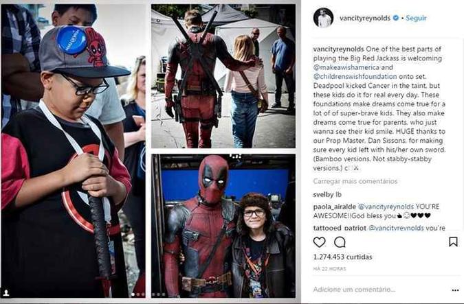 Ryan afirmou que a melhor parte de interpretar o anti-herói Deadpool é receber as crianças das fundações Ryan afirmou que a melhor parte de interpretar o anti-herói Deadpool é receber as crianças das fundações
