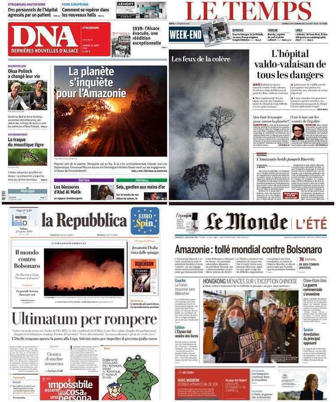 Capas de jornais internacionais destacaram os incêndios na Amazônia(foto: Reprodução) Capas de jornais internacionais destacaram os incêndios na Amazônia(foto: Reprodução)