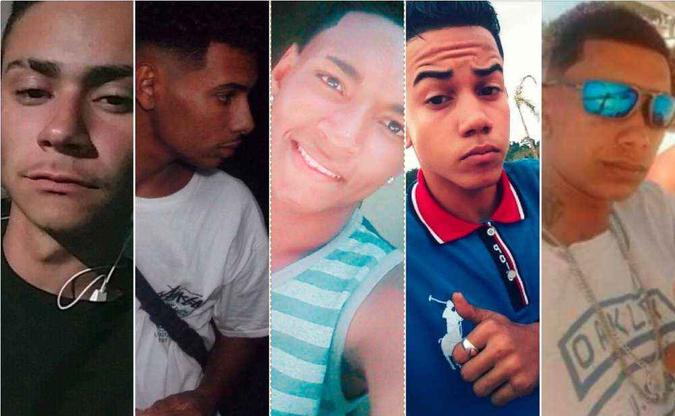 Mortos em chacina em Maricá (da esquerda para a direita): Sávio Oliveira, Mateus Bittencourt, Matheus Baraúna, Marco Jhonathan e Patrick da Silva (foto: Facebook/Reprodução | Arquivo Pessoal) ) Mortos em chacina em Maricá (da esquerda para a direita): Sávio Oliveira, Mateus Bittencourt, Matheus Baraúna, Marco Jhonathan e Patrick da Silva (foto: Facebook/Reprodução | Arquivo Pessoal) )