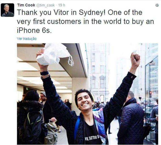Tim Cook, CEO da Apple, agradece a Vitor pela compra do iPhone 6s Plus(foto: Twitter/Reprodução) Tim Cook, CEO da Apple, agradece a Vitor pela compra do iPhone 6s Plus(foto: Twitter/Reprodução)
