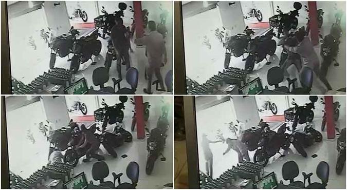 Sequência de imagens mostra o criminoso abordando e, depois, atirando no comerciante à queima roupa(foto: Divulgação) Sequência de imagens mostra o criminoso abordando e, depois, atirando no comerciante à queima roupa(foto: Divulgação)