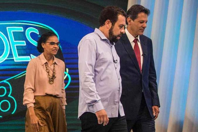 Da esquerda para a direita, Marina, Boulos e Haddad: candidatos derrotados por Bolsonaro em 2018 buscam protagonismo, uma tarefa complexa nos últimos três meses(foto: Daniel Ramalho/AFP ) Da esquerda para a direita, Marina, Boulos e Haddad: candidatos derrotados por Bolsonaro em 2018 buscam protagonismo, uma tarefa complexa nos últimos três meses(foto: Daniel Ramalho/AFP )