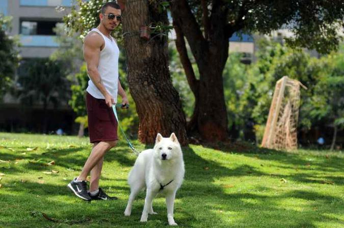 Filipe Baracat, com seu husky siberiano Apollo. Animal precisou aprender a usar focinheira(foto: Antonio Cunha/CB/D.A Press) Filipe Baracat, com seu husky siberiano Apollo. Animal precisou aprender a usar focinheira(foto: Antonio Cunha/CB/D.A Press)