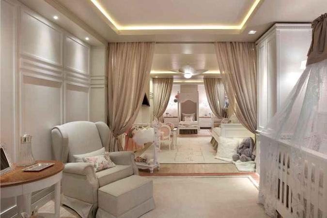 No quarto de estilo clássico projetado pelas arquitetas Carol e Reyla Montiel, as irmãs dividem o mesmo espaço: na foto acima, o espaço do bebê e, à direita, o da mais velha. No meio, um cantinho lúdico para brincadeira. Cada ambiente pode ser separado por cortinas(foto: Jomar Bragança/CasaCor) No quarto de estilo clássico projetado pelas arquitetas Carol e Reyla Montiel, as irmãs dividem o mesmo espaço: na foto acima, o espaço do bebê e, à direita, o da mais velha. No meio, um cantinho lúdico para brincadeira. Cada ambiente pode ser separado por cortinas(foto: Jomar Bragança/CasaCor)