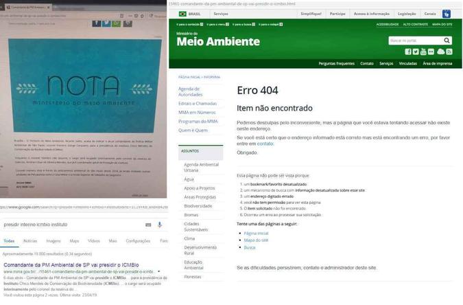 Nota que nomeava coronel reformado foi deletada do site do Ministério do meio Ambiente, mas postagem permaneceu nos registros do google(foto: Reprodução) Nota que nomeava coronel reformado foi deletada do site do Ministério do meio Ambiente, mas postagem permaneceu nos registros do google(foto: Reprodução)