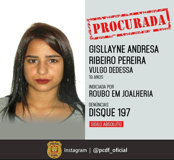 Gisllayne é procurada pela Justiça(foto: PCDF/Divulgação) Gisllayne é procurada pela Justiça(foto: PCDF/Divulgação)