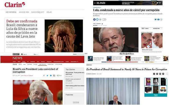 Páginas dos principais jornais dos Estados Unidos, Argentina, França e Espanha estampam a condenação de Lula na Lava-Jato(foto: Reprodução) Páginas dos principais jornais dos Estados Unidos, Argentina, França e Espanha estampam a condenação de Lula na Lava-Jato(foto: Reprodução)