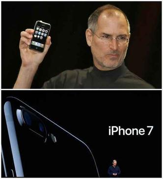 O iPhone foi lançado em 2007 por Steve Jobs (cima), dono da Apple, e desde então a revolução que a marca trouxe ao mercado tecnológico lhe deu ainda mais fama. O modelo mais recente, o iPhone 7 (baixo), tenta ter o mesmo êxito que seu ancestral, mas vem encontrando dificuldades, devido à grande concorrência, principalmente com as outras grandes empresas de tecnologia(foto: AFP) O iPhone foi lançado em 2007 por Steve Jobs (cima), dono da Apple, e desde então a revolução que a marca trouxe ao mercado tecnológico lhe deu ainda mais fama. O modelo mais recente, o iPhone 7 (baixo), tenta ter o mesmo êxito que seu ancestral, mas vem encontrando dificuldades, devido à grande concorrência, principalmente com as outras grandes empresas de tecnologia(foto: AFP)
