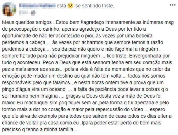 Mulher agredida durante a briga em Poços de Caldas comentou o caso no Facebook (foto: Reprodução da internet/Facebook) Mulher agredida durante a briga em Poços de Caldas comentou o caso no Facebook (foto: Reprodução da internet/Facebook)