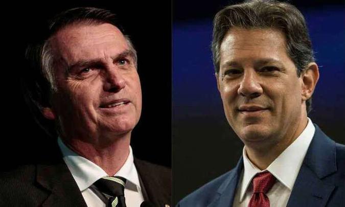 Disputa entre Fernando Haddad (PT) e Jair Bolsonaro (PSL) também presente no Twitter (foto: Miguel Schincariol/AFP e Daniel Ramalho/AFP) Disputa entre Fernando Haddad (PT) e Jair Bolsonaro (PSL) também presente no Twitter (foto: Miguel Schincariol/AFP e Daniel Ramalho/AFP)