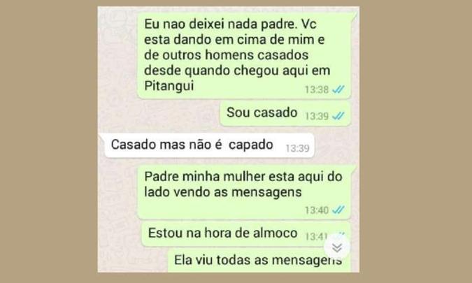 Trecho da conversa pelo WhatsApp entre o sacerdote e o suposto amante(foto: Reprodução/Redes sociais) Trecho da conversa pelo WhatsApp entre o sacerdote e o suposto amante(foto: Reprodução/Redes sociais)