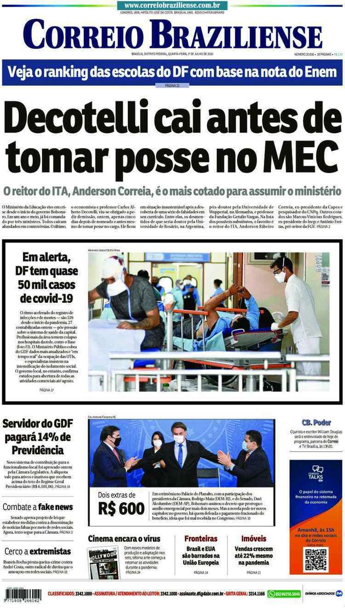 Confira a Capa do Jornal Correio Braziliense do dia 01/07/2020(foto: Correio Braziliense)