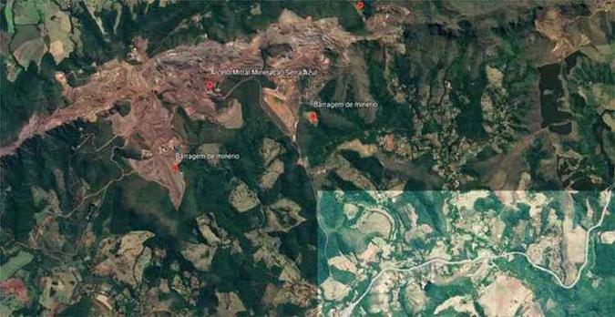 Área mais clara da imagem mostra posição da BR-381 em relação à barragem em Itatiaiuçu(foto: Reprodução/Google Earth) Área mais clara da imagem mostra posição da BR-381 em relação à barragem em Itatiaiuçu(foto: Reprodução/Google Earth)