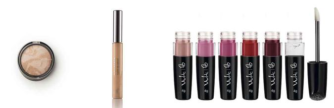 Da esquerda para a direita: iluminador Glow marmorizado, da Natura (R$ 48,90); corretivo de alta cobertura, da linha Aquarela, da Natura (R$ 28,90) e lip glosses, da Vult (R$ 23,90 cada) (foto: Natura e Vult/Divulgação) Da esquerda para a direita: iluminador Glow marmorizado, da Natura (R$ 48,90); corretivo de alta cobertura, da linha Aquarela, da Natura (R$ 28,90) e lip glosses, da Vult (R$ 23,90 cada) (foto: Natura e Vult/Divulgação)