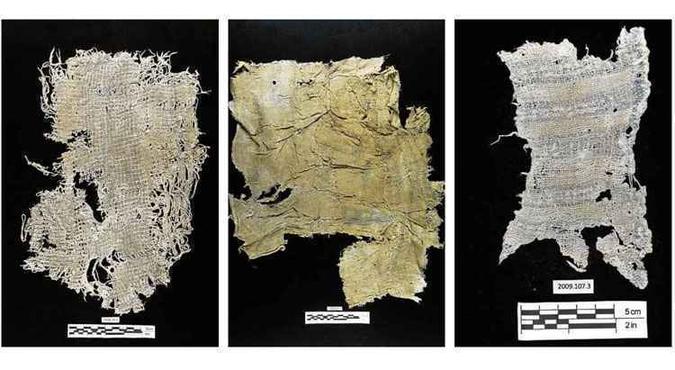 Algumas das peças descobertas no sítio peruano de Huaca Prieta: análises químicas mostraram que fios azuis continham o corante, extraído de plantas(foto: Lauren Urana/Divulgação) Algumas das peças descobertas no sítio peruano de Huaca Prieta: análises químicas mostraram que fios azuis continham o corante, extraído de plantas(foto: Lauren Urana/Divulgação)