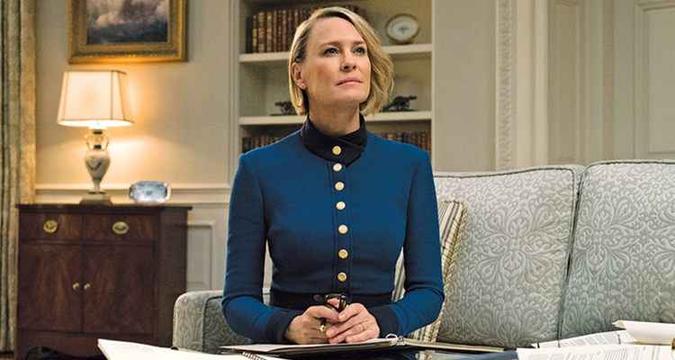 Claire Underwood, personagem de Robin Wright, se tornou presidente dos Estados Unidos na quinta temporada.(foto: Divulgação/Netflix) Claire Underwood, personagem de Robin Wright, se tornou presidente dos Estados Unidos na quinta temporada.(foto: Divulgação/Netflix)
