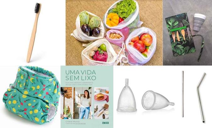 Da Esquerda para a Direita: Escova dental ecológica de bambu biodegradável da Terráquea R$ 18; Sacos para compras a granel da Inspira Verde, disponível na Endossa (R$ 28, kit com três); Kit de talheres (R$ 97) e copo Menos Lixo (R$ 65), da Inspira Verde, disponível na Endossa; Fralda de pano da loja Bebês Ecológicos (R$ 60); Livro Uma vida sem lixo: guia para reduzir o desperdício na sua casa e simplificar a vida, de Cristal Muniz, na Saraiva (R$ 44,90); Coletor menstrual da InCiclo (R$ 88, duas unidades); Canudo curvo ou reto da Bono Home para Spicy (R$ 19,90) (foto: Divulgação) Da Esquerda para a Direita: Escova dental ecológica de bambu biodegradável da Terráquea R$ 18; Sacos para compras a granel da Inspira Verde, disponível na Endossa (R$ 28, kit com três); Kit de talheres (R$ 97) e copo Menos Lixo (R$ 65), da Inspira Verde, disponível na Endossa; Fralda de pano da loja Bebês Ecológicos (R$ 60); Livro Uma vida sem lixo: guia para reduzir o desperdício na sua casa e simplificar a vida, de Cristal Muniz, na Saraiva (R$ 44,90); Coletor menstrual da InCiclo (R$ 88, duas unidades); Canudo curvo ou reto da Bono Home para Spicy (R$ 19,90) (foto: Divulgação)