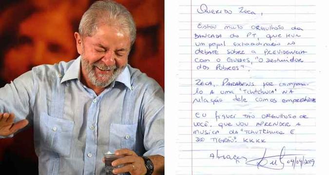 A imagem do papelzinho com o texto foi publicada no Twitter do partido de Lula(foto: Nelson Almeida/AFP e reprodução/Twitter) A imagem do papelzinho com o texto foi publicada no Twitter do partido de Lula(foto: Nelson Almeida/AFP e reprodução/Twitter)