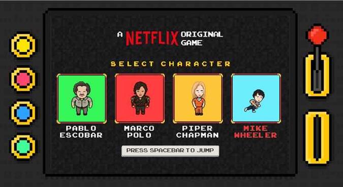 Os personagens Plabo Escobar (Narcos), Marco Polo (Marco Polo), Piper Chapman (Orange Is the New Black) e Micke Wheeler (Stranger Things) são os disponíveis para o jogo, e cada um tem o cenário e os vilões de suas séries(foto: Reprodução/FlixArcade) Os personagens Plabo Escobar (Narcos), Marco Polo (Marco Polo), Piper Chapman (Orange Is the New Black) e Micke Wheeler (Stranger Things) são os disponíveis para o jogo, e cada um tem o cenário e os vilões de suas séries(foto: Reprodução/FlixArcade)