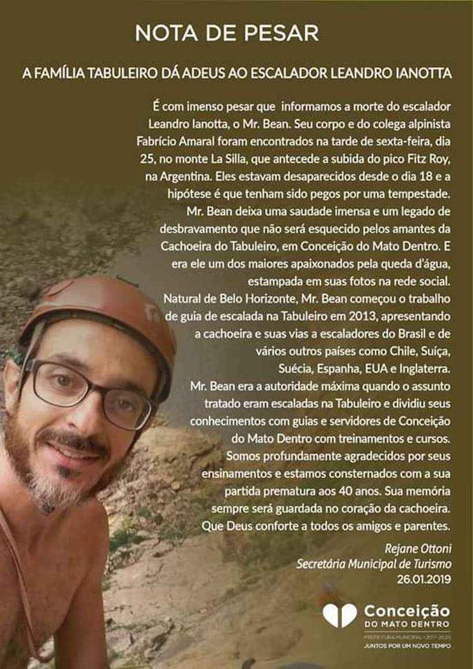 Prefeitura divulgou nota de pesar (foto: Prefeitura de Conceição do Mato Dentro/Reprodução) Prefeitura divulgou nota de pesar (foto: Prefeitura de Conceição do Mato Dentro/Reprodução)