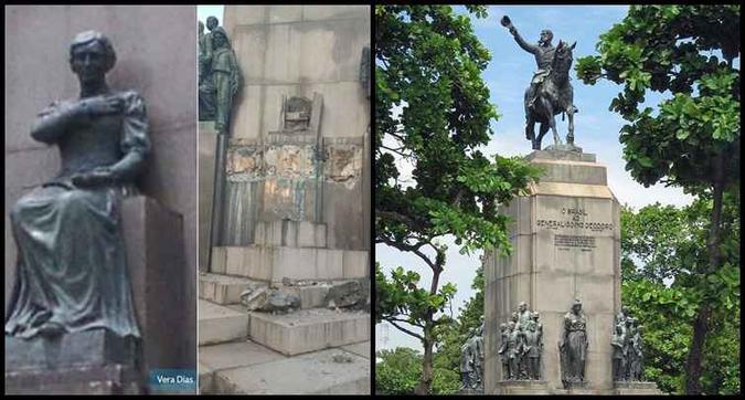 A estátua furtada e o burado deixado pelos ladrôes (à esquerda); e o monumento ao qual a peça pertence(foto: Vera Dias/Facebook e Halley Pacheco de Oliveira/Wikimedia) A estátua furtada e o burado deixado pelos ladrôes (à esquerda); e o monumento ao qual a peça pertence(foto: Vera Dias/Facebook e Halley Pacheco de Oliveira/Wikimedia)