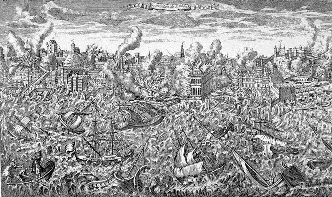 Gravura de autor desconhecido retrata terremoto que destruiu Lisboa em 1755(foto: Domínio público) Gravura de autor desconhecido retrata terremoto que destruiu Lisboa em 1755(foto: Domínio público)
