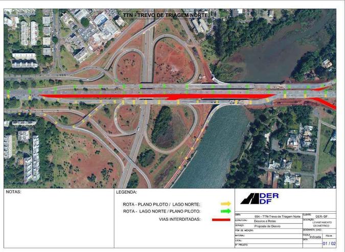 Quem estiver no Eixão, sentido Lago Norte, deverá acessar a pista marginal na altura da Quadra 216, atravessar a Ponte Leste e voltar para a via por um desvio provisório(foto: DER-DF/Divulgação) Quem estiver no Eixão, sentido Lago Norte, deverá acessar a pista marginal na altura da Quadra 216, atravessar a Ponte Leste e voltar para a via por um desvio provisório(foto: DER-DF/Divulgação)