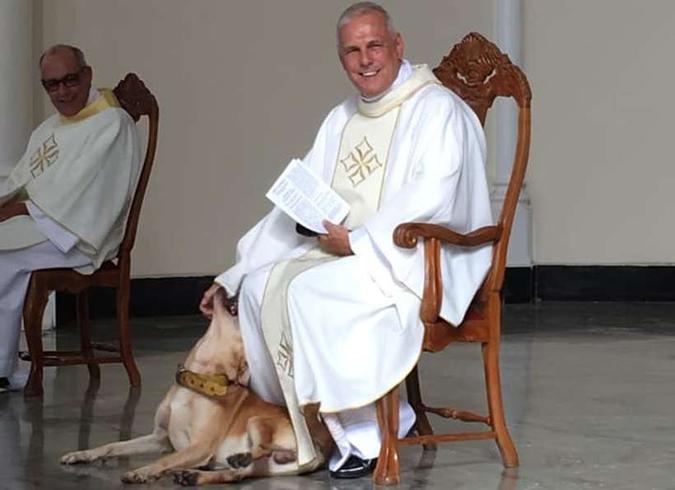 Padre José Geraldo continuou a missa depois de fazer vários afagos em Herman(foto: Reprodução da internet Daily Mail / Reprodução Facebook) Padre José Geraldo continuou a missa depois de fazer vários afagos em Herman(foto: Reprodução da internet Daily Mail / Reprodução Facebook)
