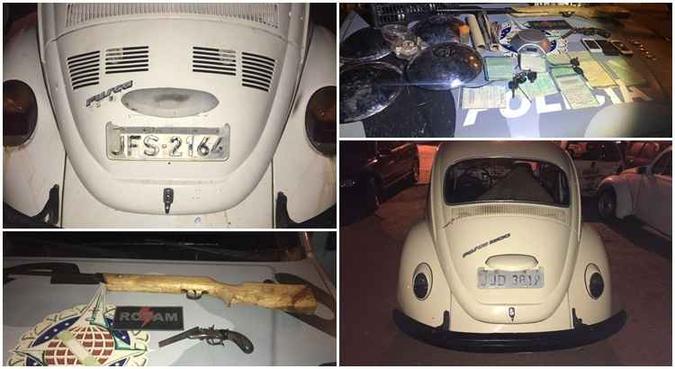 Imagens mostram os fuscas apreendidos: polícia também encontrou arma, drogas e balança de precisão, além de peças de carros(foto: PMDF/Divulgação) Imagens mostram os fuscas apreendidos: polícia também encontrou arma, drogas e balança de precisão, além de peças de carros(foto: PMDF/Divulgação)
