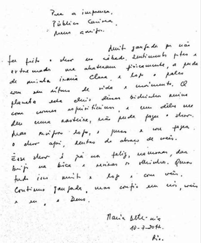 Carta feita a punho pela cantora(foto: Reprodução/Internet) Carta feita a punho pela cantora(foto: Reprodução/Internet)