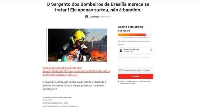 Página na internet reúne assinaturas pedindo tratamento psiquiátrico ao sargento(foto: Página do abaixo-assinado/Print) Página na internet reúne assinaturas pedindo tratamento psiquiátrico ao sargento(foto: Página do abaixo-assinado/Print)