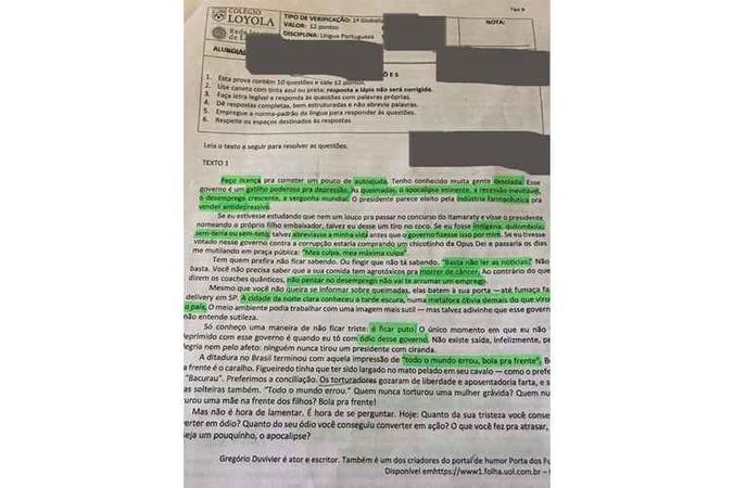 Reprodução do texto de exame que provocou reação de pais no momento em que a Câmara discute o projeto da ''Escola sem Partido''. Clique na imagem para ler o texto completo(foto: Reprodução) Reprodução do texto de exame que provocou reação de pais no momento em que a Câmara discute o projeto da ''Escola sem Partido''. Clique na imagem para ler o texto completo(foto: Reprodução)