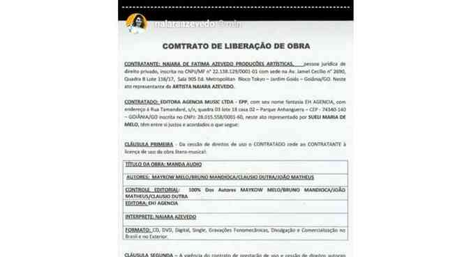 Naiara também postou o contrato de direito autoral da música, mas com erro de português (foto: Reprodução/Instagram)